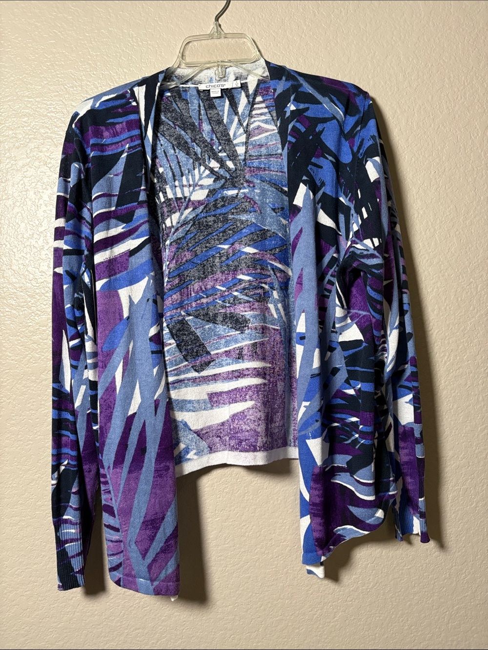 Chico's Open-Front Abstract Print Cardigan in Purple & Blue